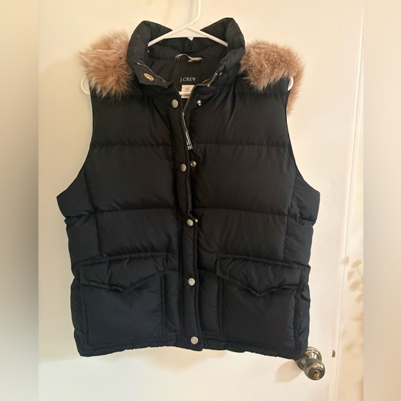 J. Crew Jackets & Blazers - J. Crew Black Puffer Vest with Tan Faux Fur Trim